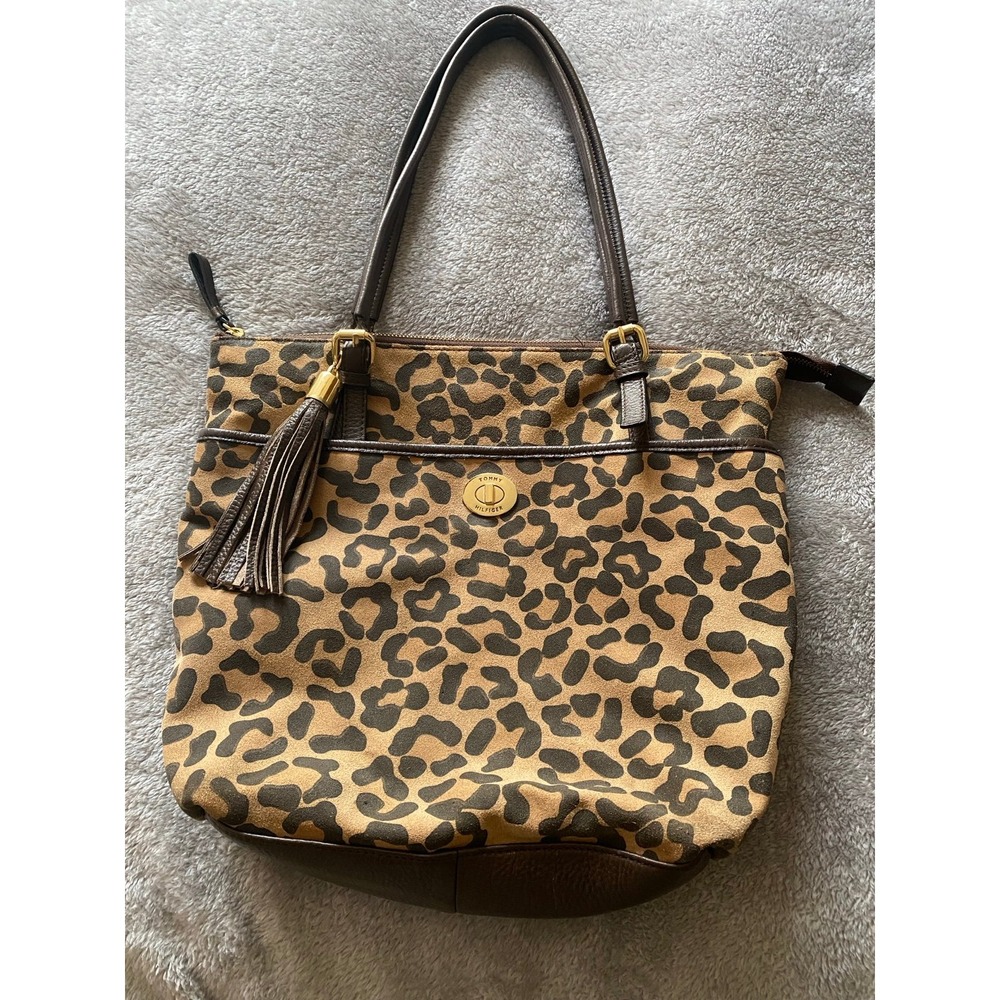 Tommy Hilfiger Tote Purse Leather Suede Animal Jacquard Gold Hardware s9